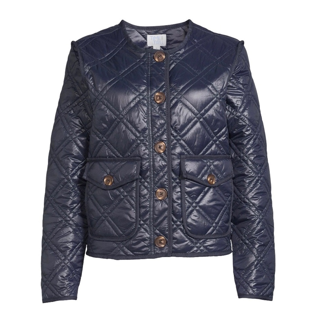 NWOT Time & Tru Lightweight Quilted Jacket Dark Navy Blue Button Coat Size XL